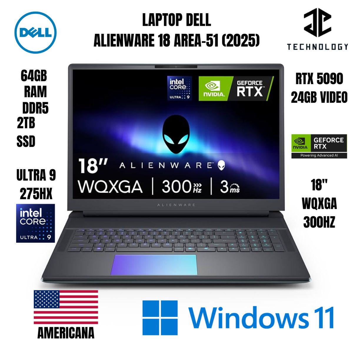 DELL - LAPTOP DELL ALIENWARE 18 AREA-51 ULTRA 9 275HX / 64GB RAM DDR5 / 2TB SSD / RTX 5090 24GB VIDEO