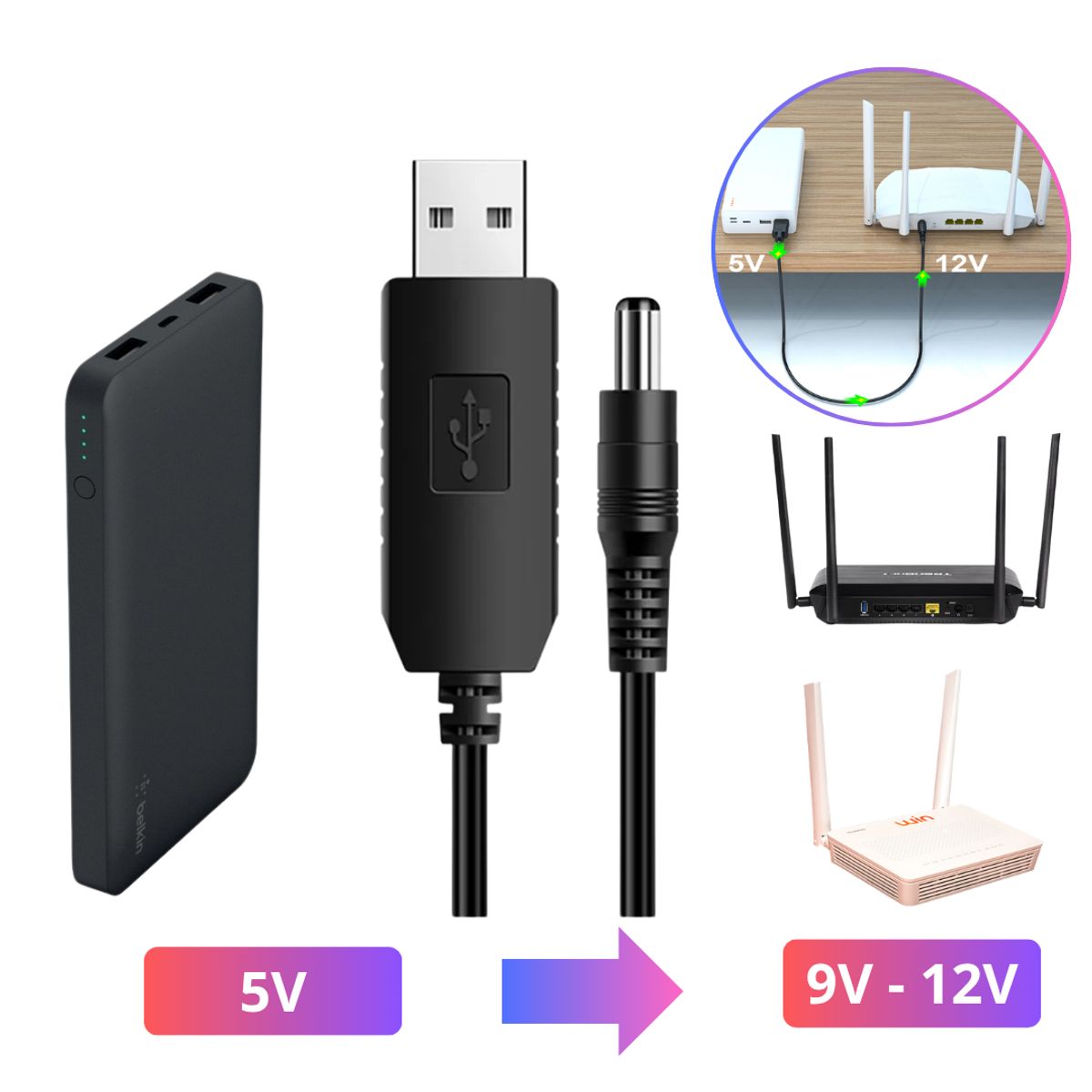 SEISA - Cable Convertidor Adaptador USB 5V A DC 9V 12V Modem Router Repetidor