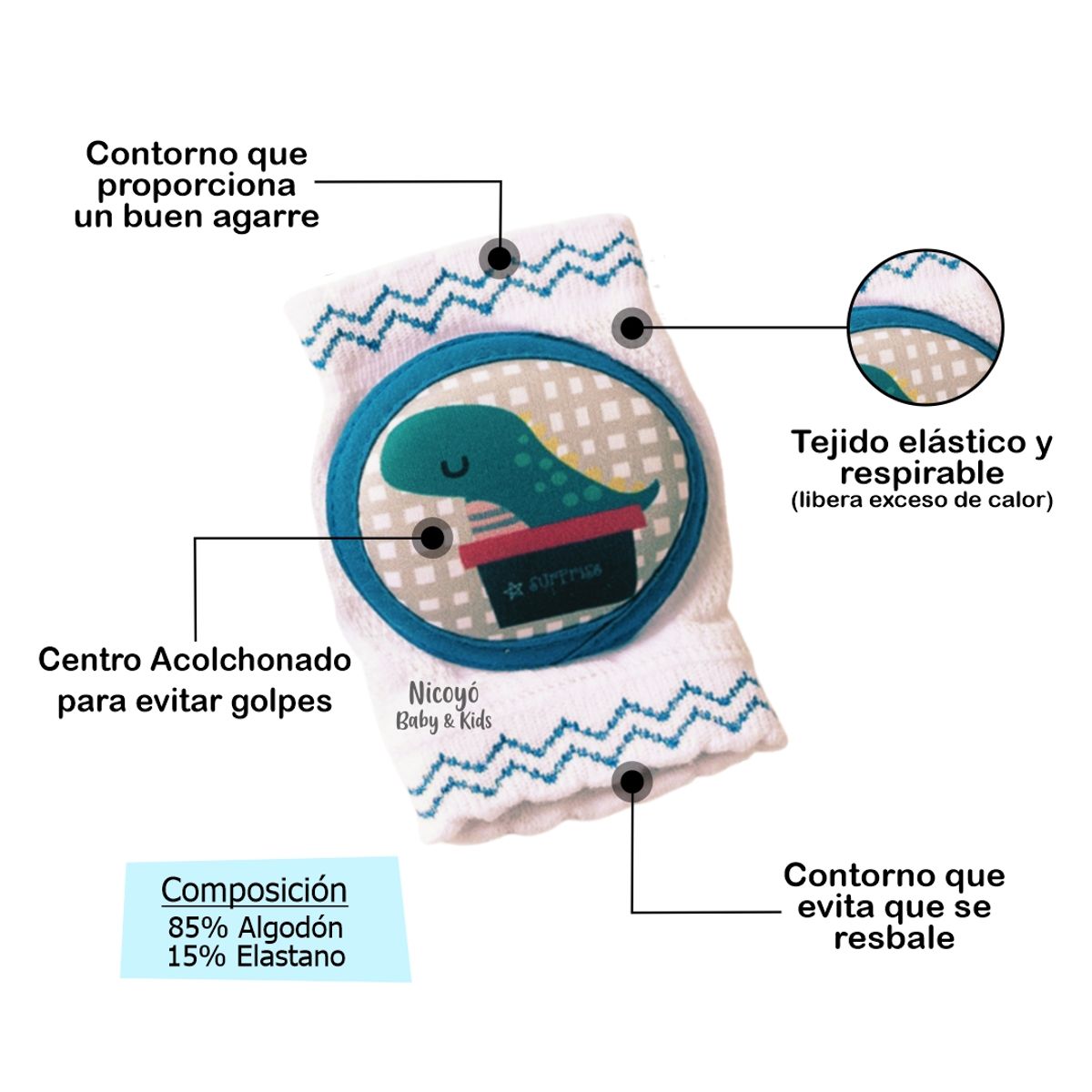 BABY - Rodilleras Acolchonadas AntiGolpes para Bebés - Dino Blanco