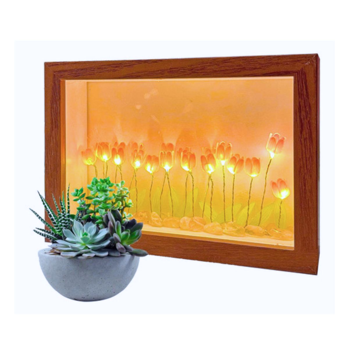 GENERICO - MARCO DE FOTOS TULIPANES ROSADOS LUZ LED USB MADERA