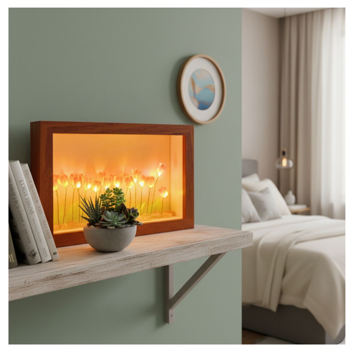 GENERICO - MARCO DE FOTOS TULIPANES ROSADOS LUZ LED USB MADERA