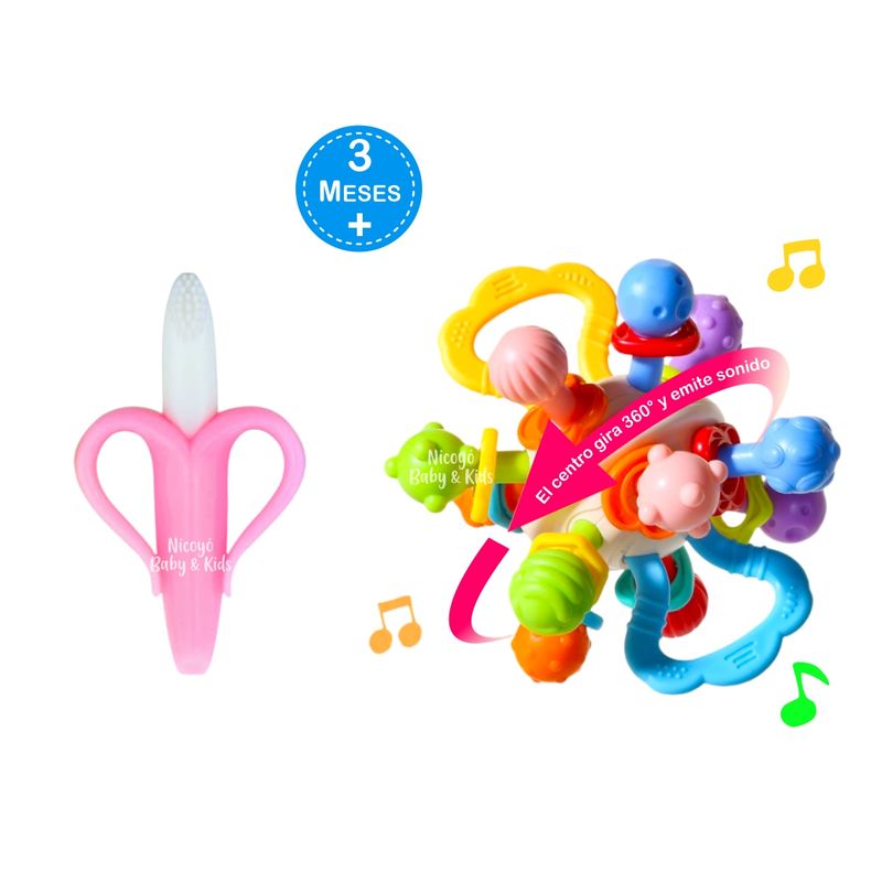 HUANGER - Pack Bebé Juguete Sensorial y Mordedor Platanito Rosado
