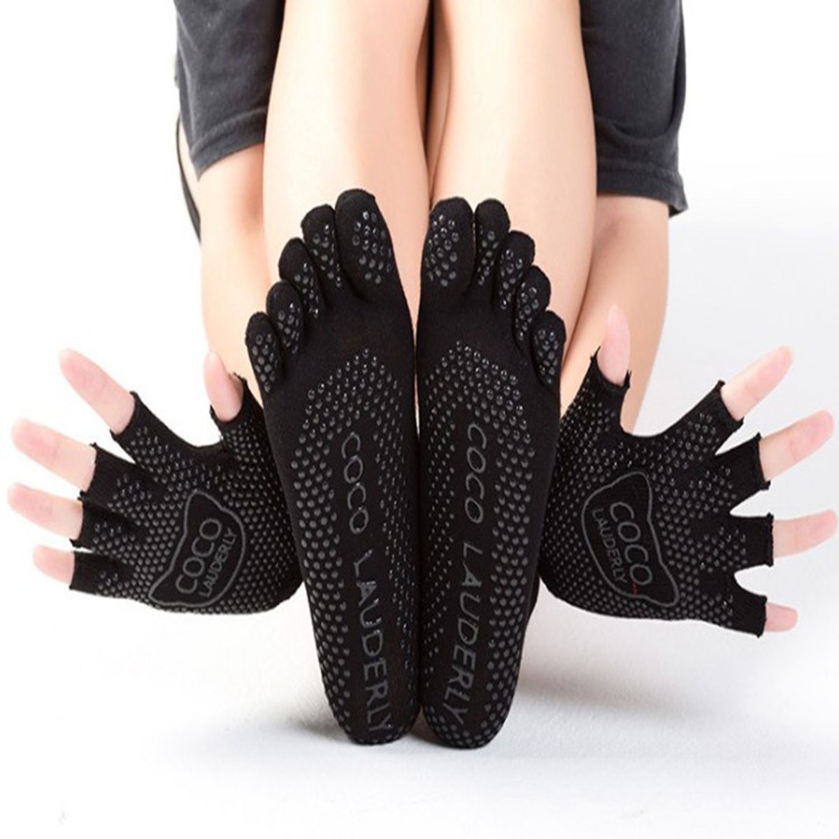 BAALATHKKO5 - Calcetines Antideslizantes Yoga Y Pilates+yoga Guantes - Negro