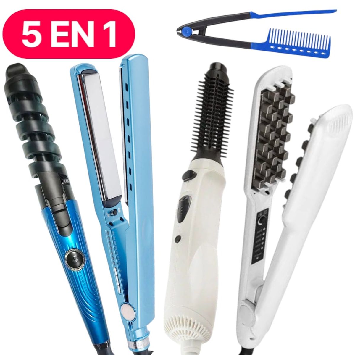 OEM - 5en1 Plancha Nano + Plancha Voluminizador + Cepillo + Rizador y Peine