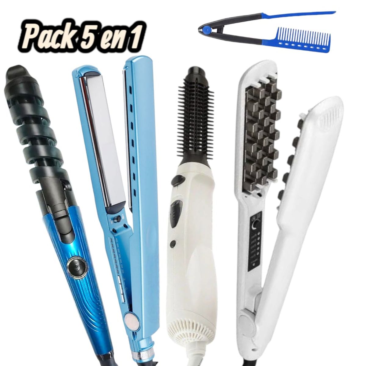 OEM - 5en1 Plancha Nano + Plancha Voluminizador + Cepillo + Rizador y Peine