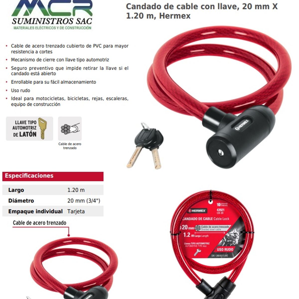TRUPER - CANDADO DE CABLE CON 2 LLAVES DIAMETRO 20mm HERMEX