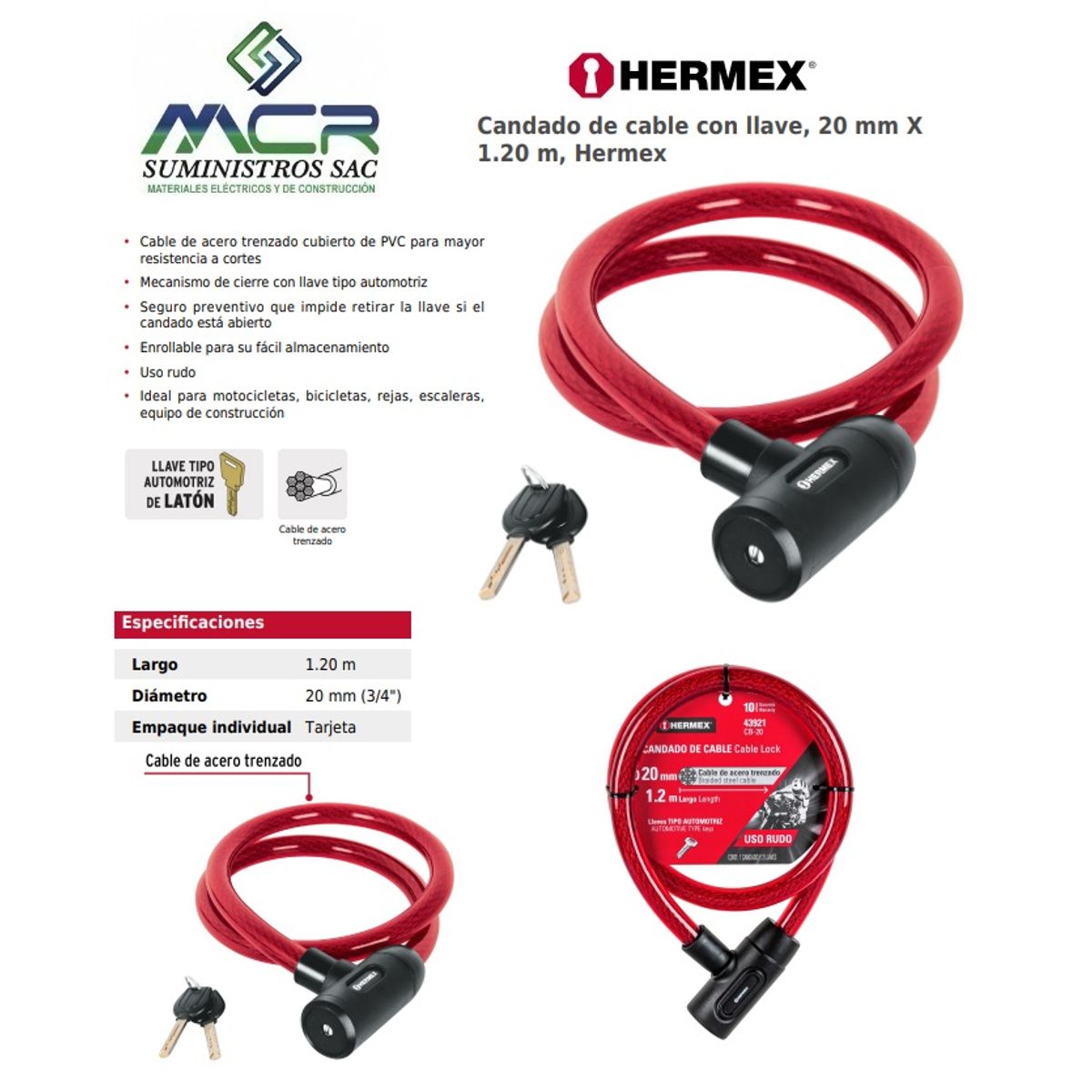 TRUPER - CANDADO DE CABLE CON 2 LLAVES DIAMETRO 20mm HERMEX