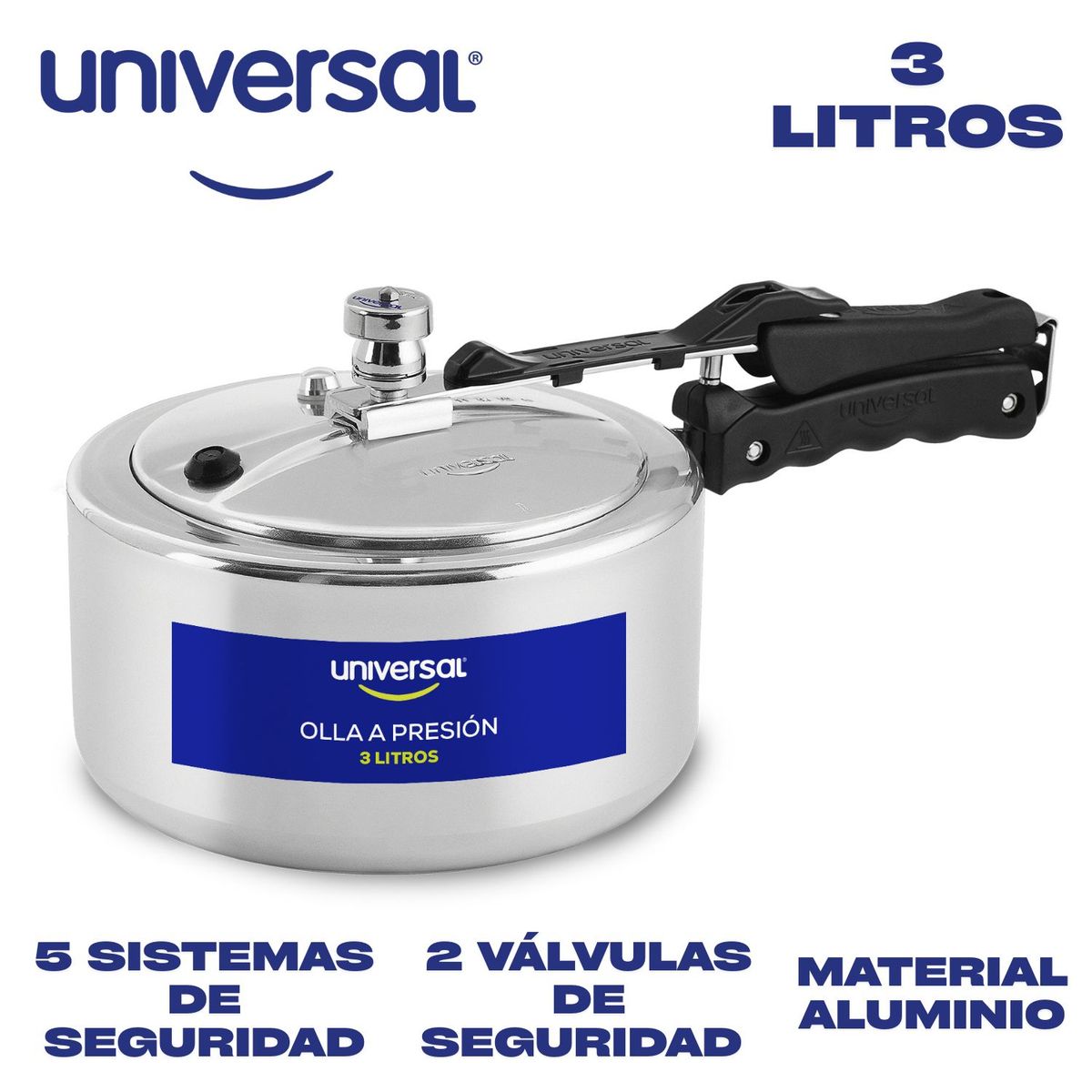 GENERICO - Olla a presión Universal 3 Litros Doble válvula de seguridad Aluminio
