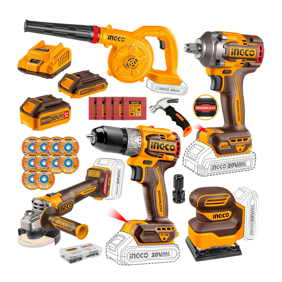 INGCO TOOLS - Kit Cosli241192 + Lijadora + Llave de Impacto 40nm + Mini Martillo + Adaptador