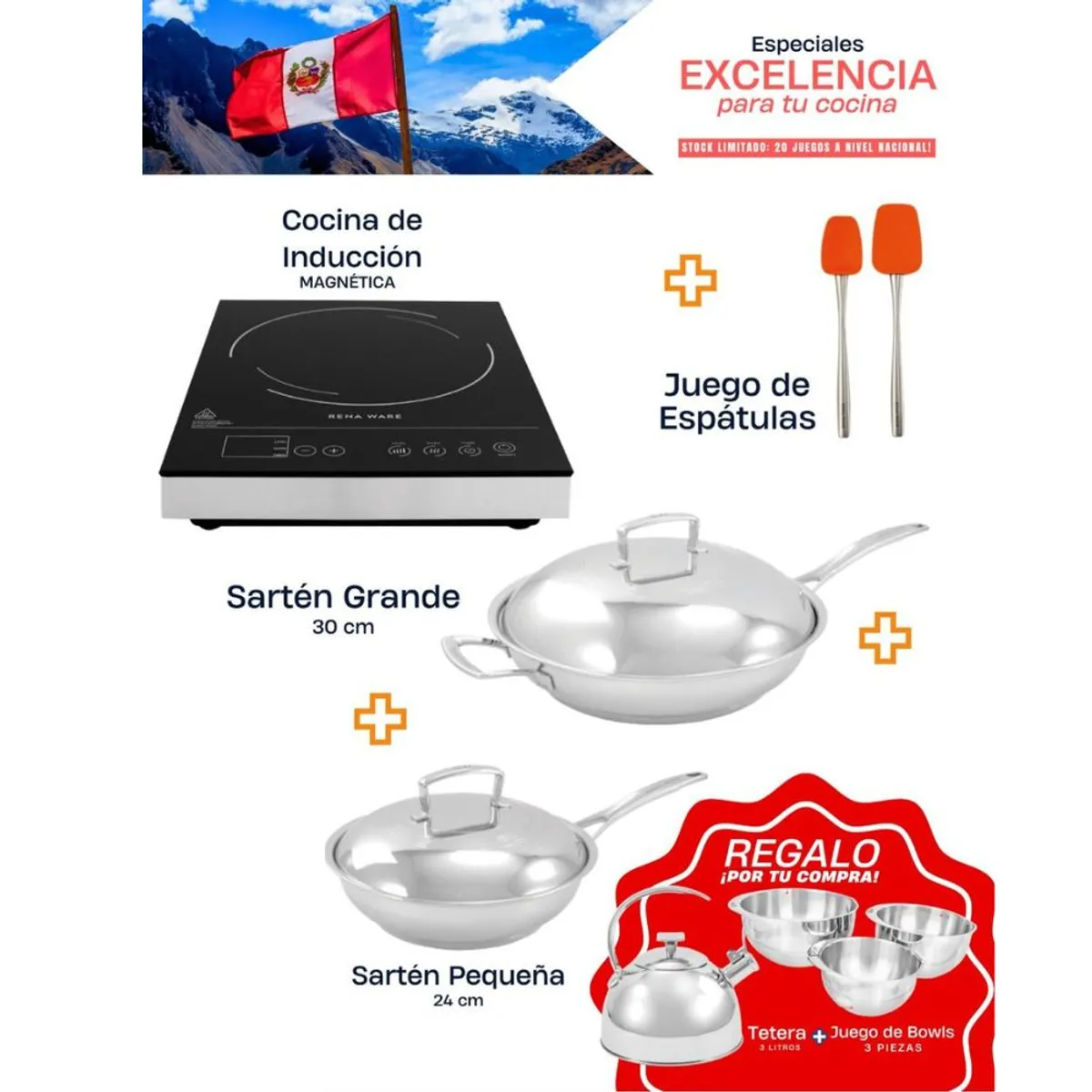 RENA WARE - COMBO COCINA DE INDUCCIÓN + SARTEN GRANDE 30CM+ SARTEN PEQUEÑO24CM + JUEGO DE ESPÁTULAS