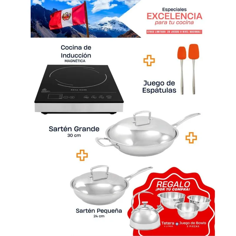 RENA WARE - COMBO COCINA DE INDUCCIÓN + SARTEN GRANDE 30CM+ SARTEN PEQUEÑO24CM + JUEGO DE ESPÁTULAS
