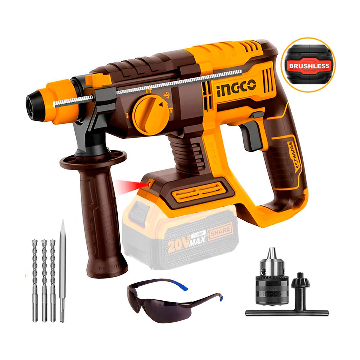 INGCO TOOLS - Rotomartillo 20v Sds Plus 2j Brushless Ingco+ Adaptador 12