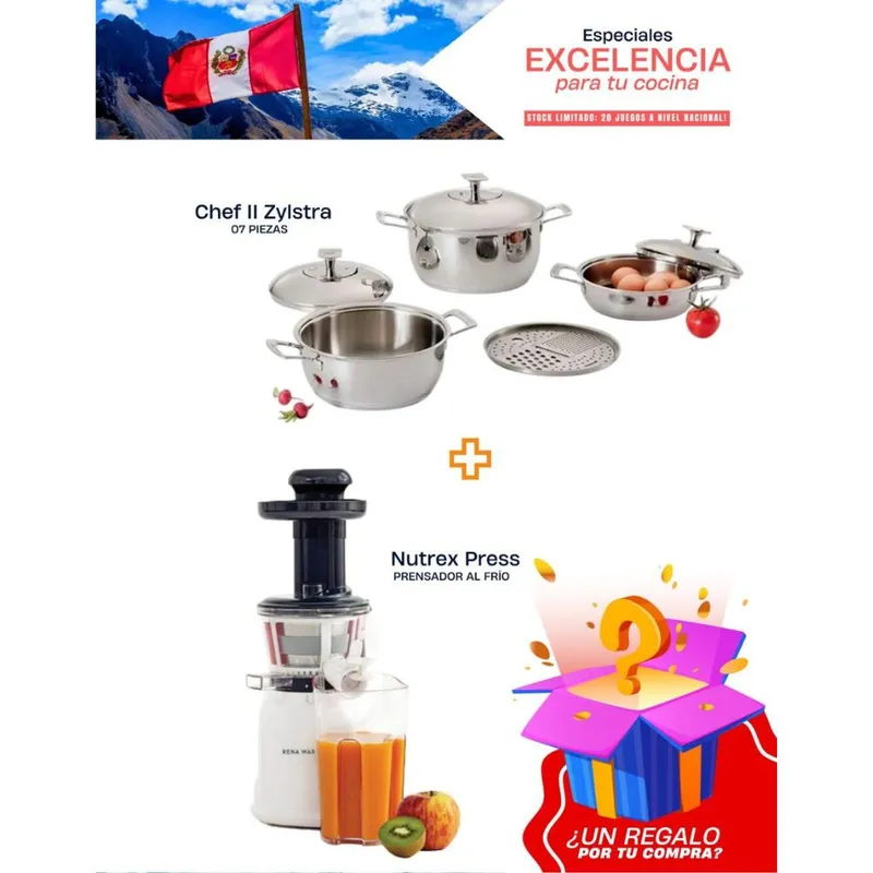 RENA WARE - COMBO JUEGO CHEF II SERIE ZYLSTRA 7 PIEZAS + EXTRACTOR DE JUGO NUTREX PRESS