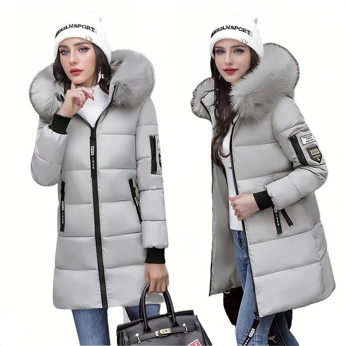 GENERICO - Casaca larga acolchada con capucha para mujer