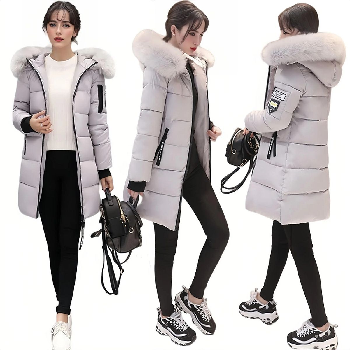 GENERICO - Casaca larga acolchada con capucha para mujer