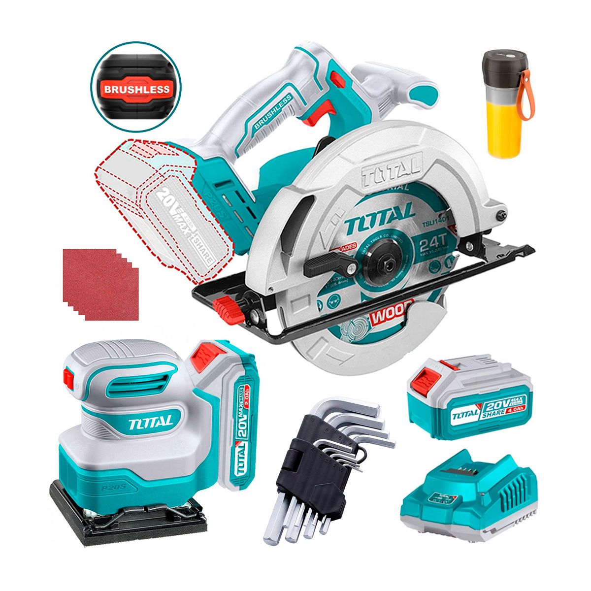 TOTAL TOOLS - Sierra Circular 20v + Lijadora + Batidora + Llaves Tipo L