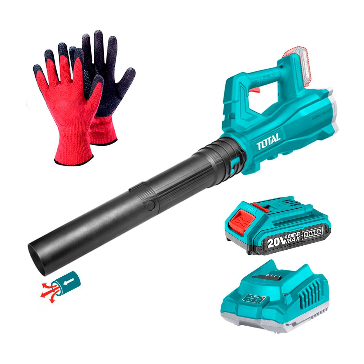 TOTAL TOOLS - Sopladora Gigante Hojas Inalámbrica 20v + Batería 2ah + Guantes