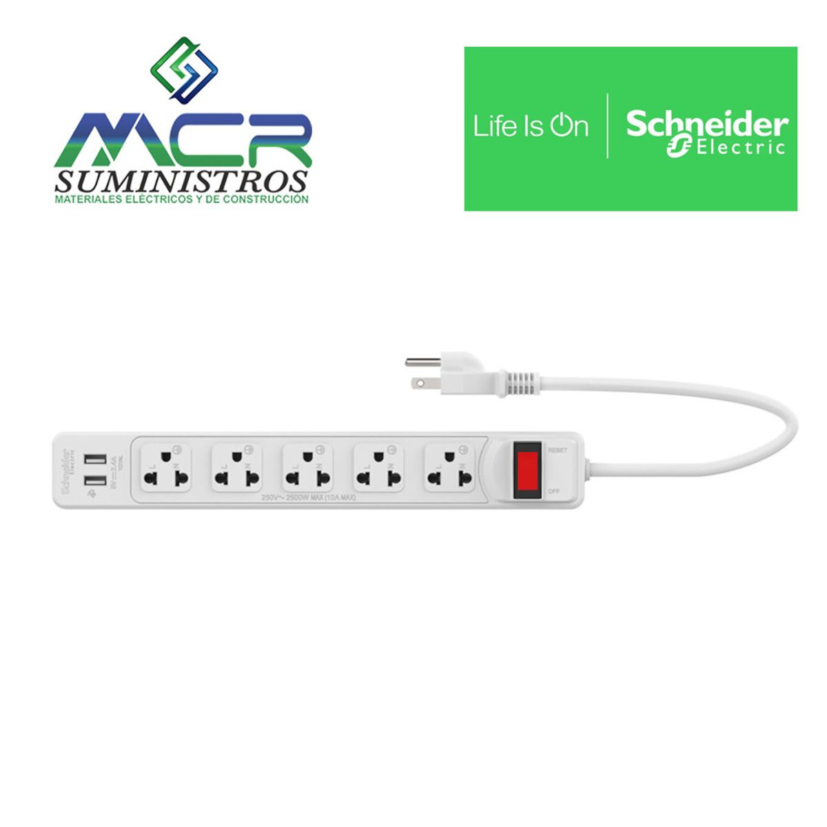 SCHNEIDER ELECTRIC - EXTENSION 5 TOMACORRIENTE 2 USB CABLE VULCANIZADO 3MTS Schneider