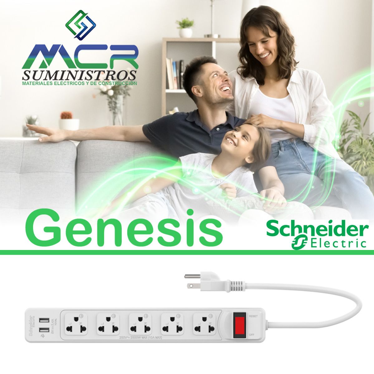 SCHNEIDER ELECTRIC - EXTENSION 5 TOMACORRIENTE 2 USB CABLE VULCANIZADO 3MTS Schneider