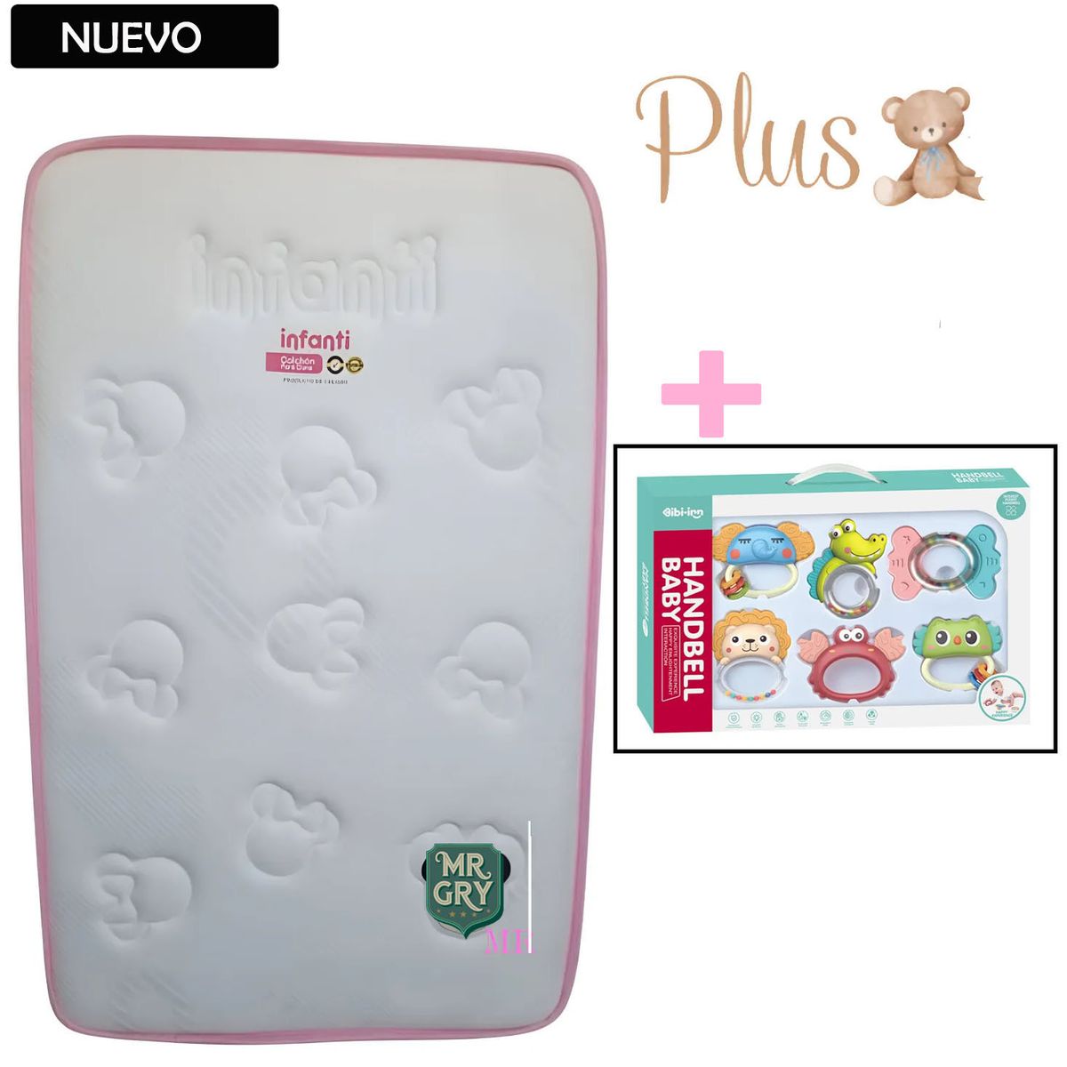 GENERICO - Colchón Plus para Bebé bordes Rosado +Set Sonaja 6pc
