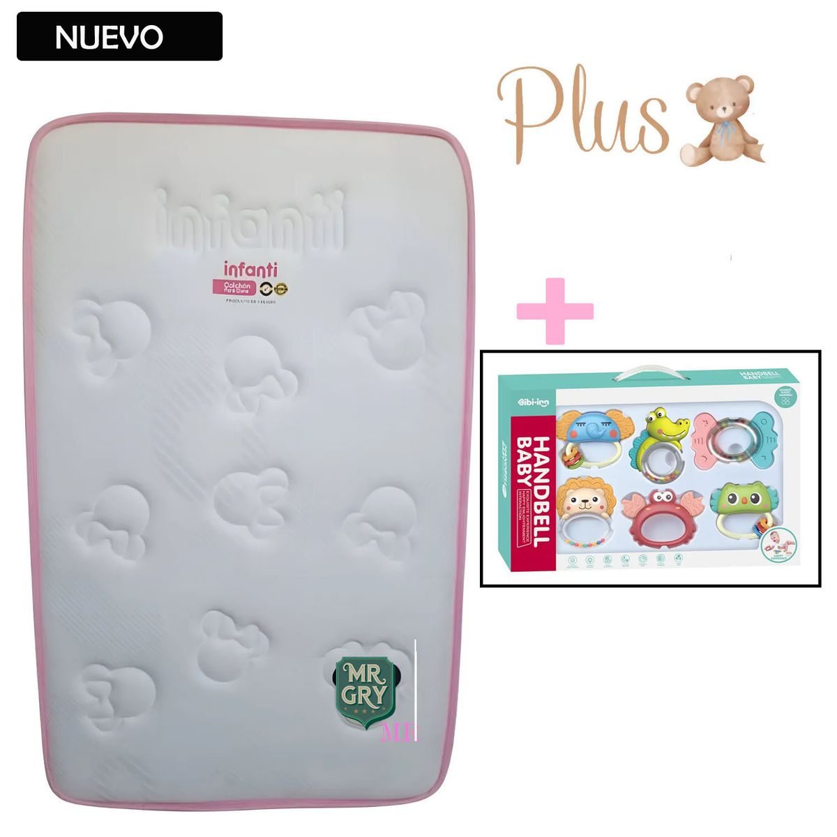 GENERICO - Colchón Plus para Bebé bordes Rosado +Set Sonaja 6pc