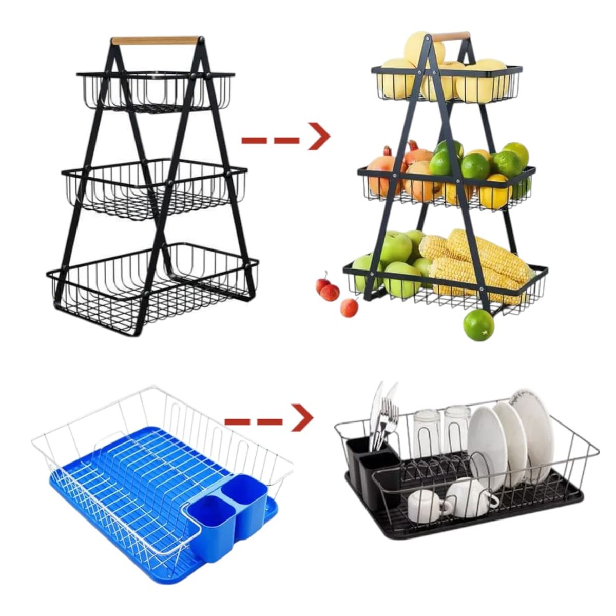 OEM - Pack Frutero de 3 Niveles y Escurridor Organizador hasta 14 Platos