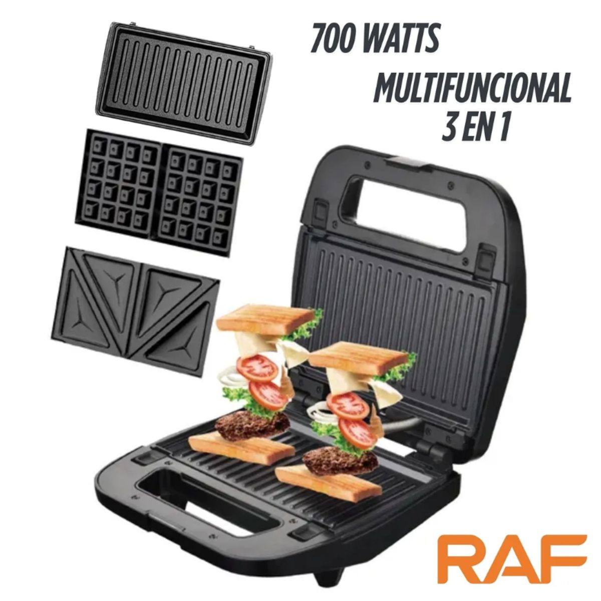 GENERICO - Sanguchera RAF R203 3 en 1 Intercambiables Sangucher Grill Wafle Negro