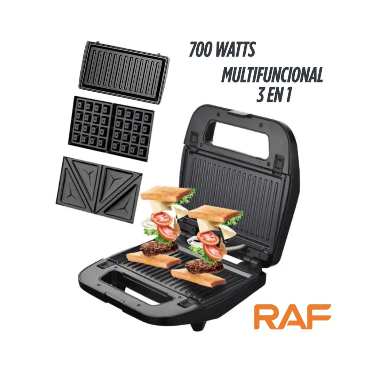 GENERICO - Sanguchera RAF R203 3 en 1 Intercambiables Sangucher Grill Wafle Negro