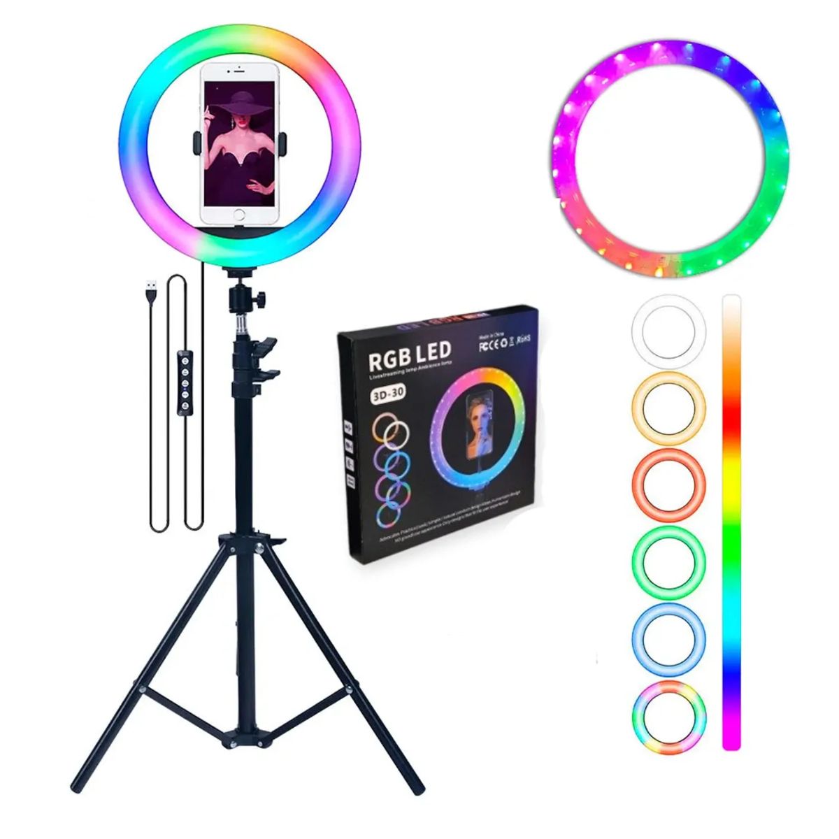 GENERICO - Aro De Luz Rgb Multicolor De 30 Cm Profesional Con Tripode 2.10 m