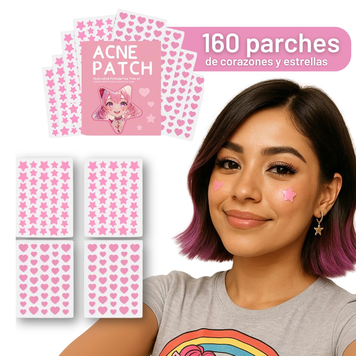 GENERICO - Parches anti Acné día y noche Estrella y corazones rosa 160und