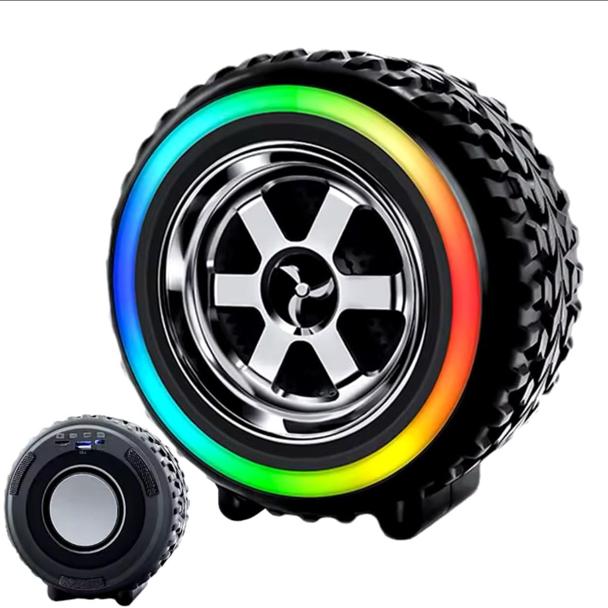 GENERICO - Mini Parlante Bluetooth Forma de Llanta Luz LED RGB USB-Micro SD
