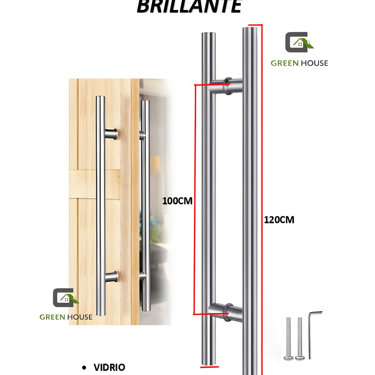 GREEN HOUSE - MANILLON DOBLE ACERO INOXIDABLE 120cm  PUERTA  MADERA - VIDRIO - METAL