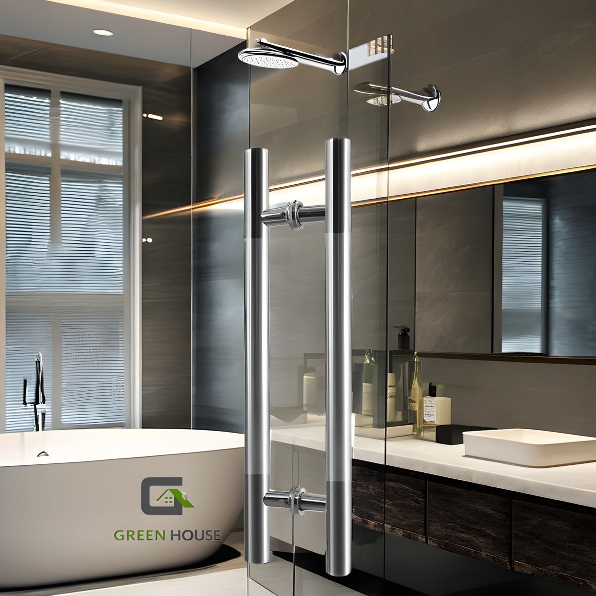 GREEN HOUSE - MANILLON DOBLE ACERO INOXIDABLE 120cm  PUERTA  MADERA - VIDRIO - METAL