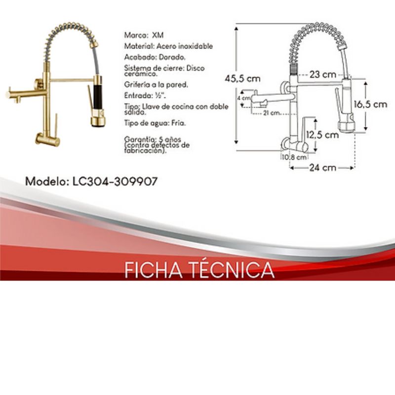 XM - Grifo Ganso  Cocina Doble Salida Acero Inoxidable Dorado