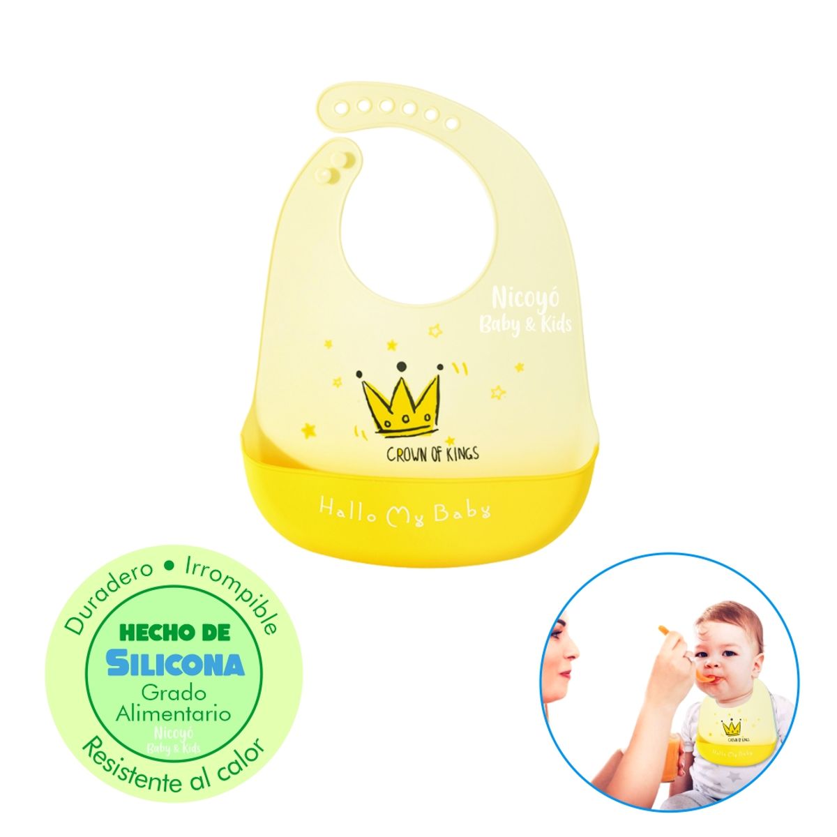BABY - Babero 100% Silicona con Diseño de King Amarillo