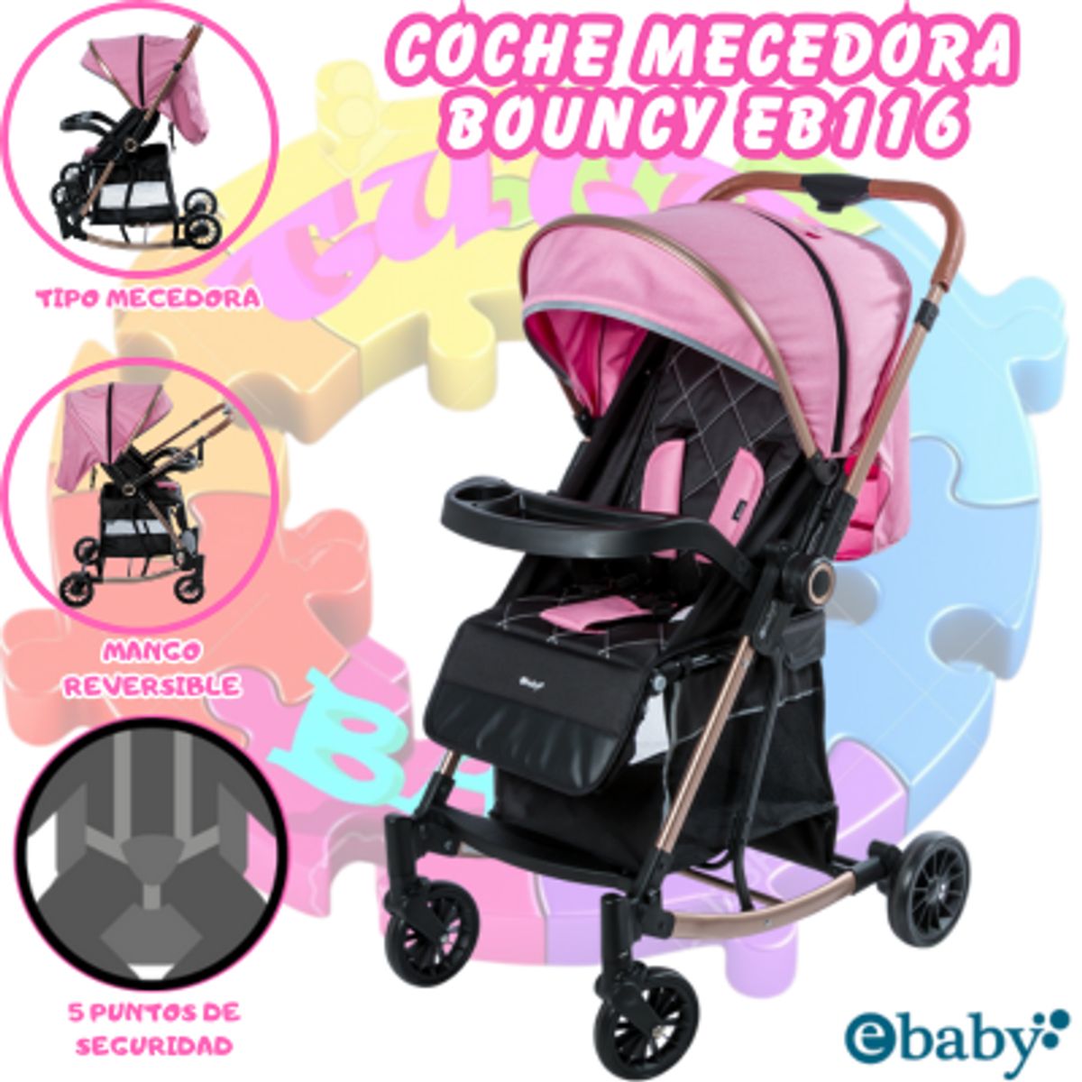 EBABY - COCHE MECEDORA DE LUJO BOUNCY ROSADO