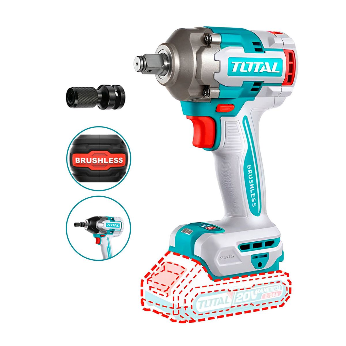 TOTAL TOOLS - Llave Impacto Dado Cuadrado 12 20v 400nm + Adaptador Total