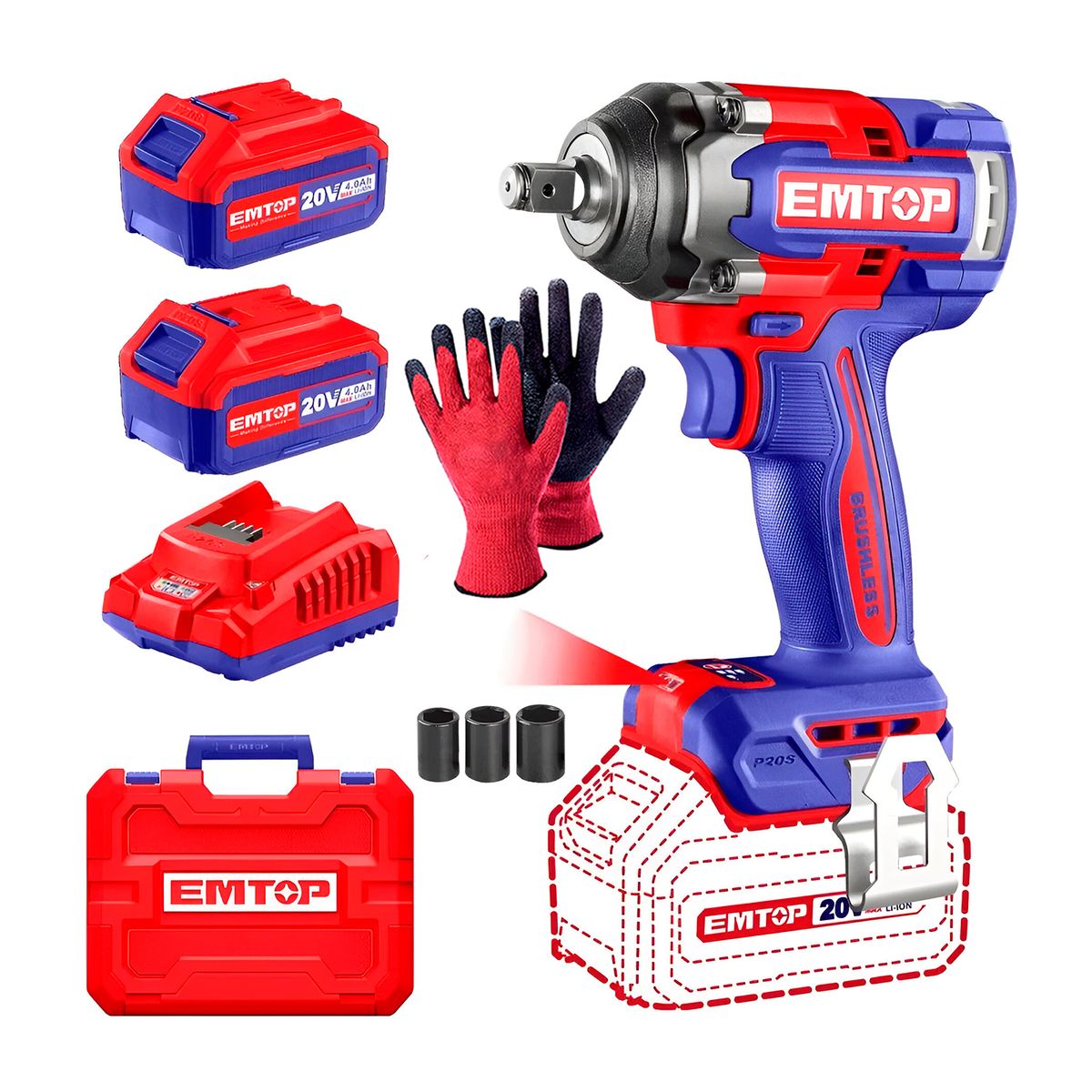 EMTOP - Llave De Impacto 500nm 1/2 20v + 2 Baterías 4a.h Cargador