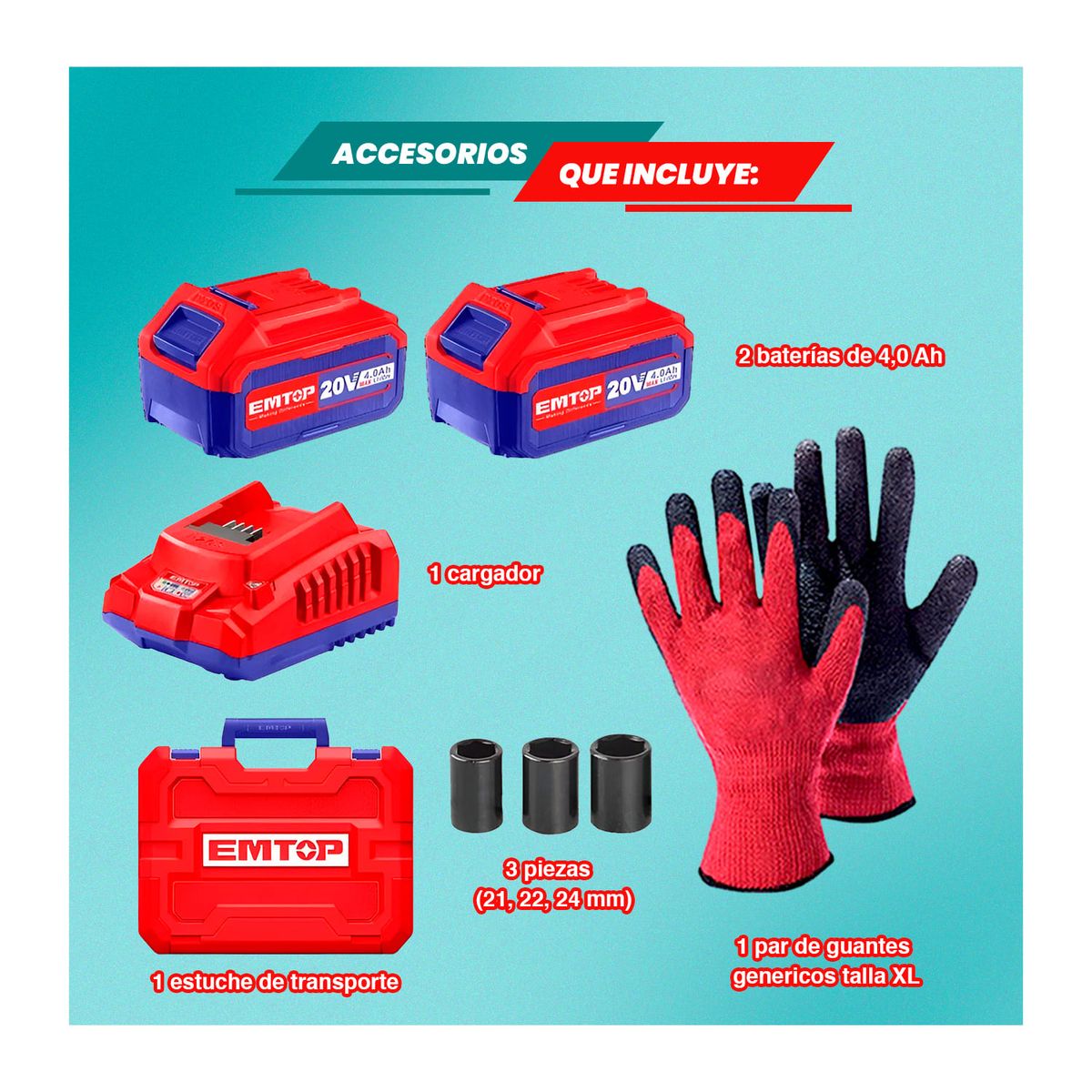 EMTOP - Llave De Impacto 500nm 1/2 20v + 2 Baterías 4a.h Cargador