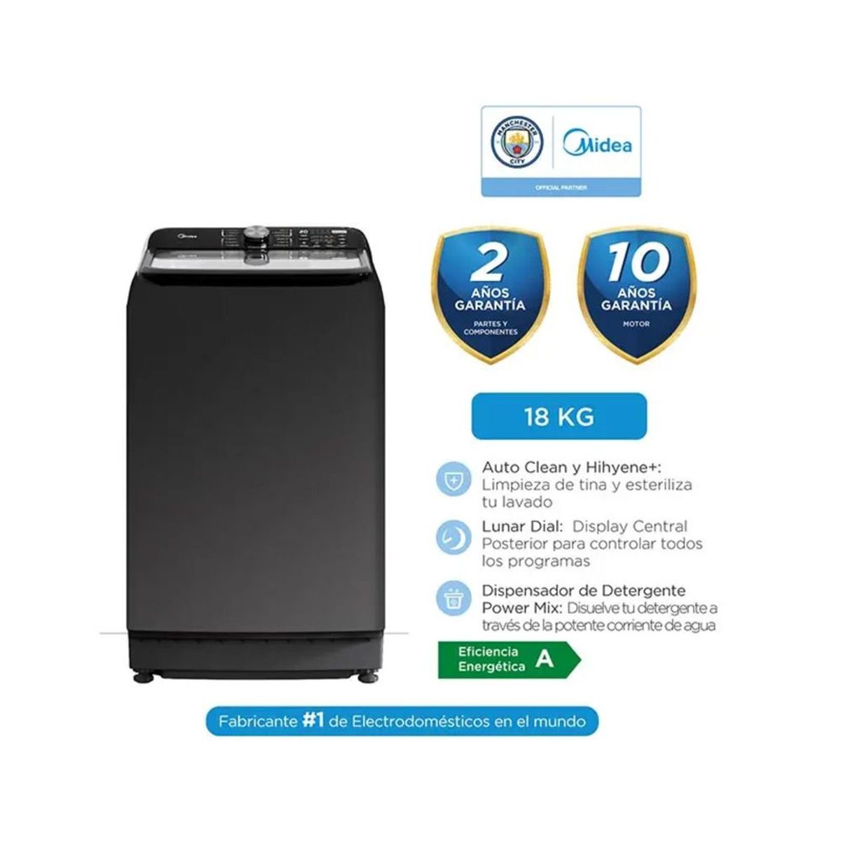 MIDEA - Lavadora Automática Carga Superior 18Kg Titanium Black Midea MA512W180T-PE