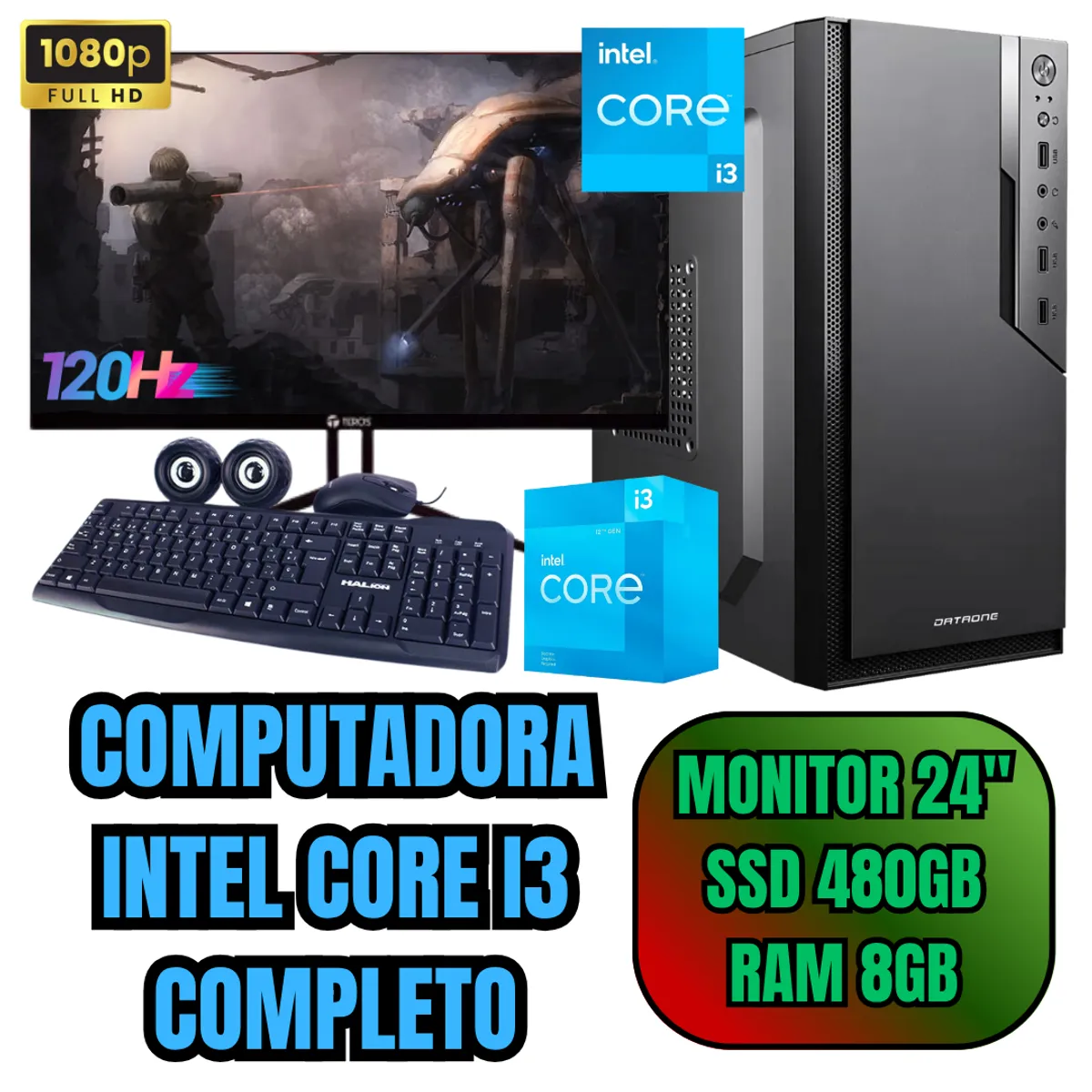 INTEL - PC COMPUTADORA INTEL CORE I3 SSD500GB RAM8GB + MONITOR 24 FHD 120HZ