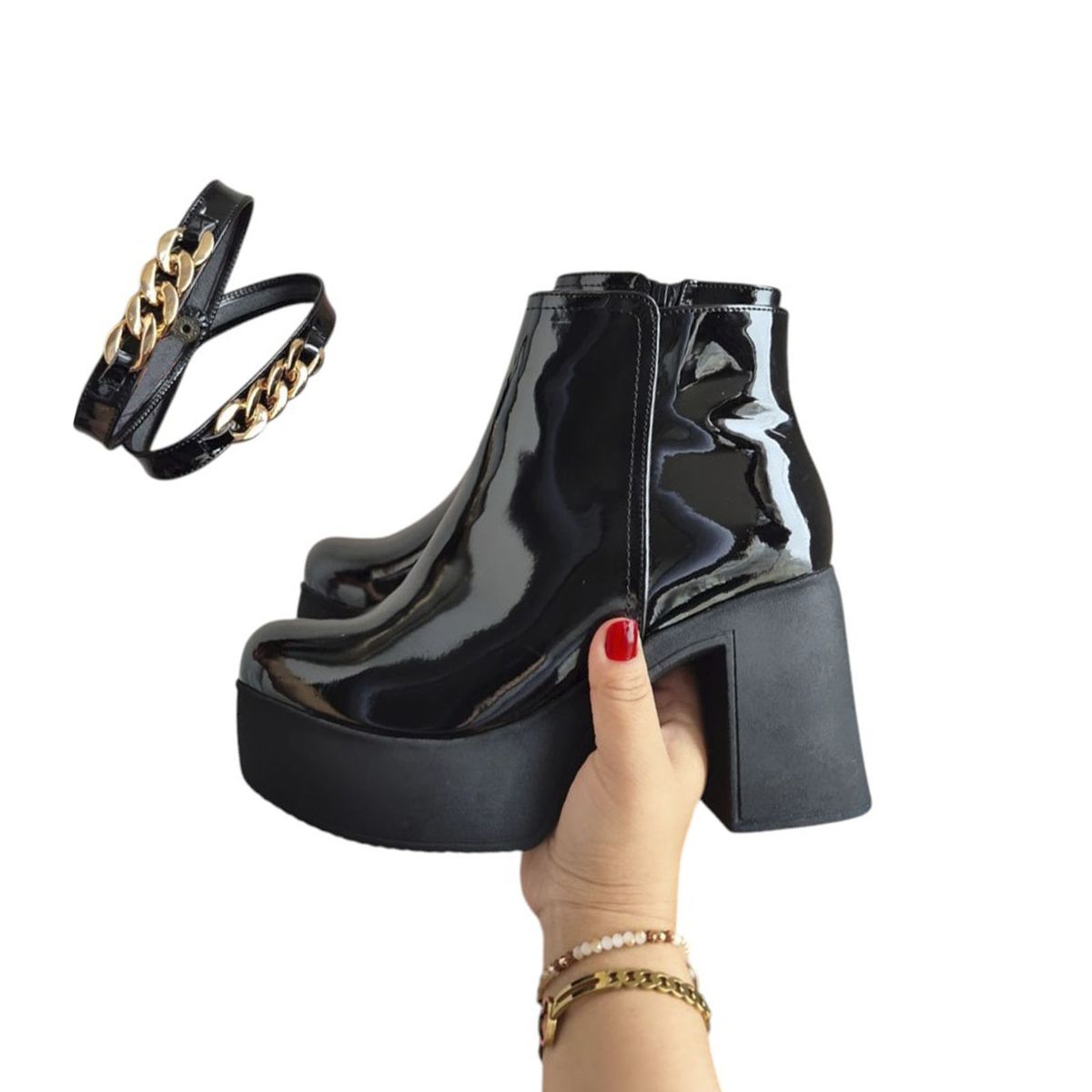 GENERICO - Bota Mujer Pu Taco 9 Charol Doble 1177 5C-68 Color Negro