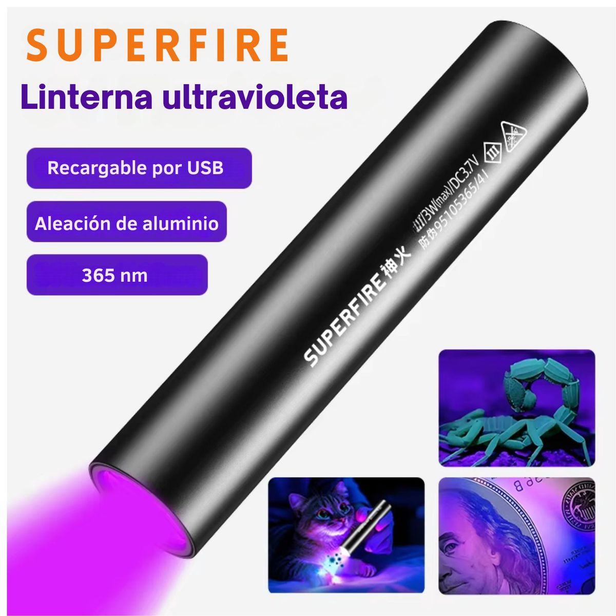 OEM - Linterna Uv Lampara Luz Negra Ultravioleta Led Zoom 365 nm detector