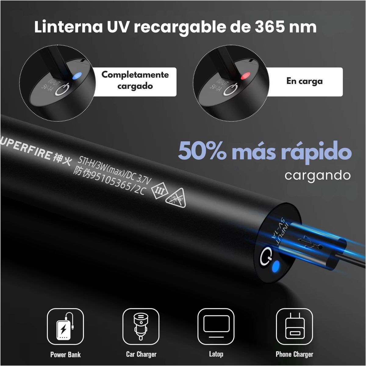 OEM - Linterna Uv Lampara Luz Negra Ultravioleta Led Zoom 365 nm detector