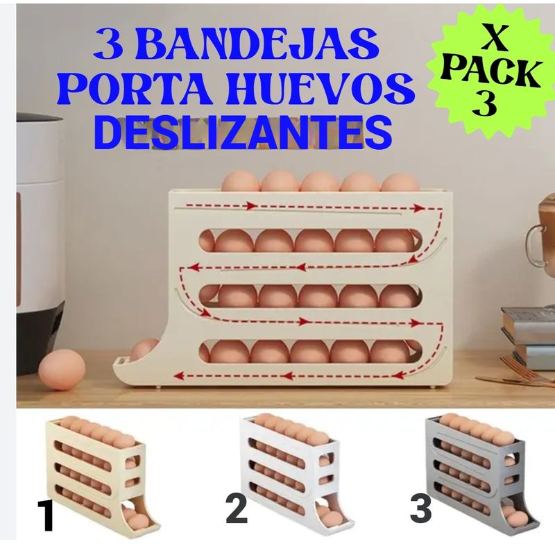 GENERICO - PACK 3 PORTAHUEVOS CONTENEDOR 90 HUEVOS 4 NIVELES RODANTE AUTOMÁTICO DESLIZANTE
