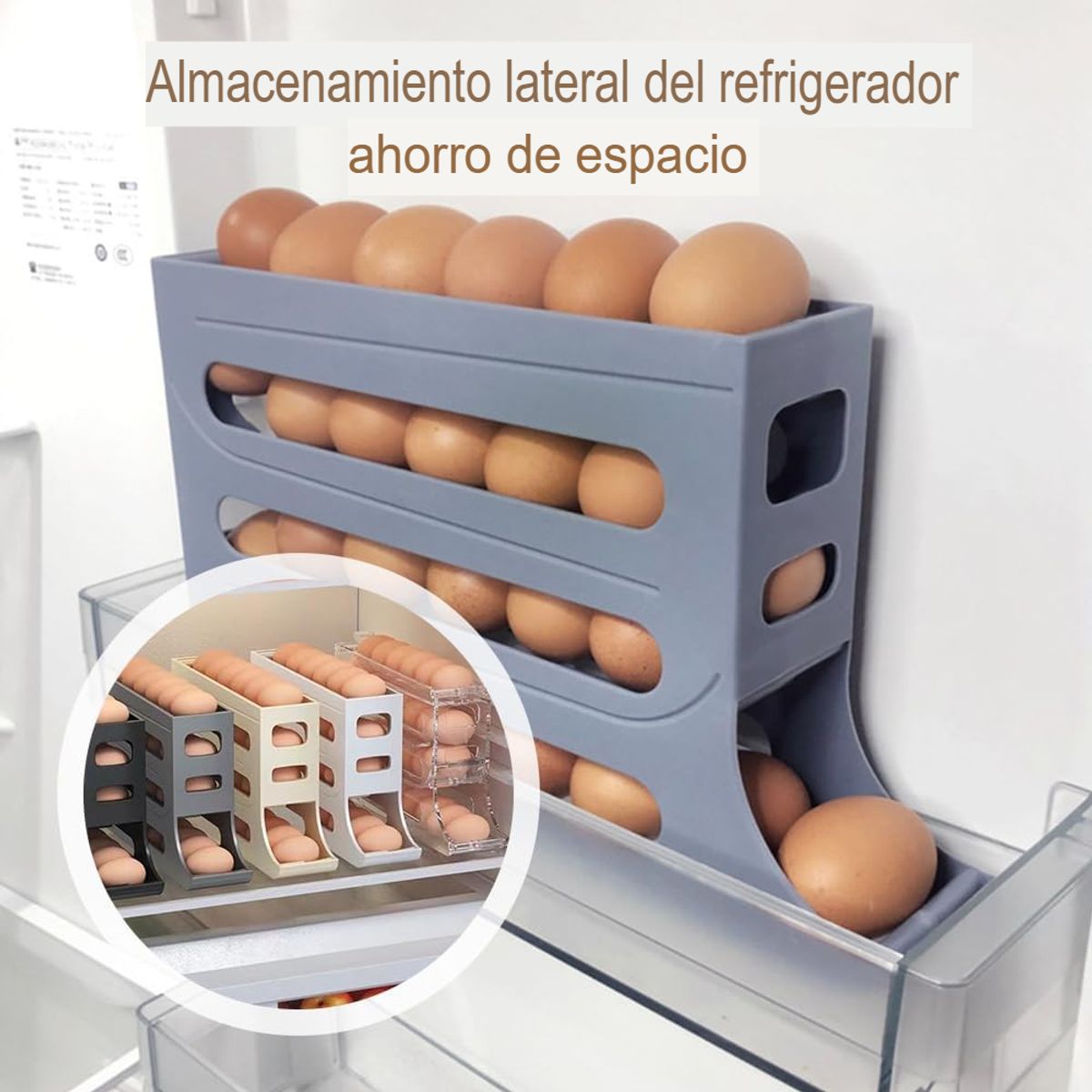 GENERICO - PACK 3 PORTAHUEVOS CONTENEDOR 90 HUEVOS 4 NIVELES RODANTE AUTOMÁTICO DESLIZANTE