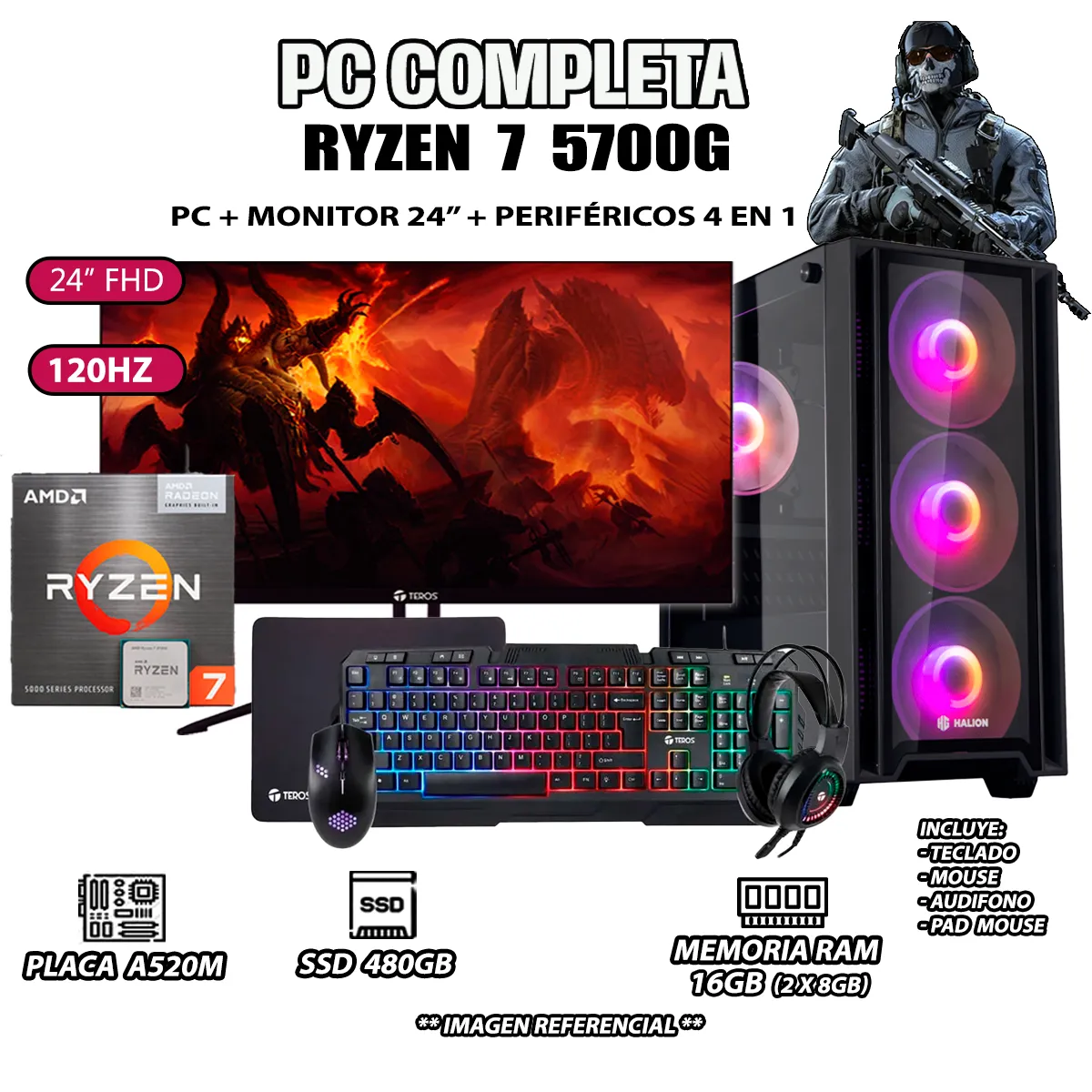 AMD - Computadora Completa Ryzen 7 5700G RAM 16GB DISCO SSD 500GB MONITOR 24" FHD