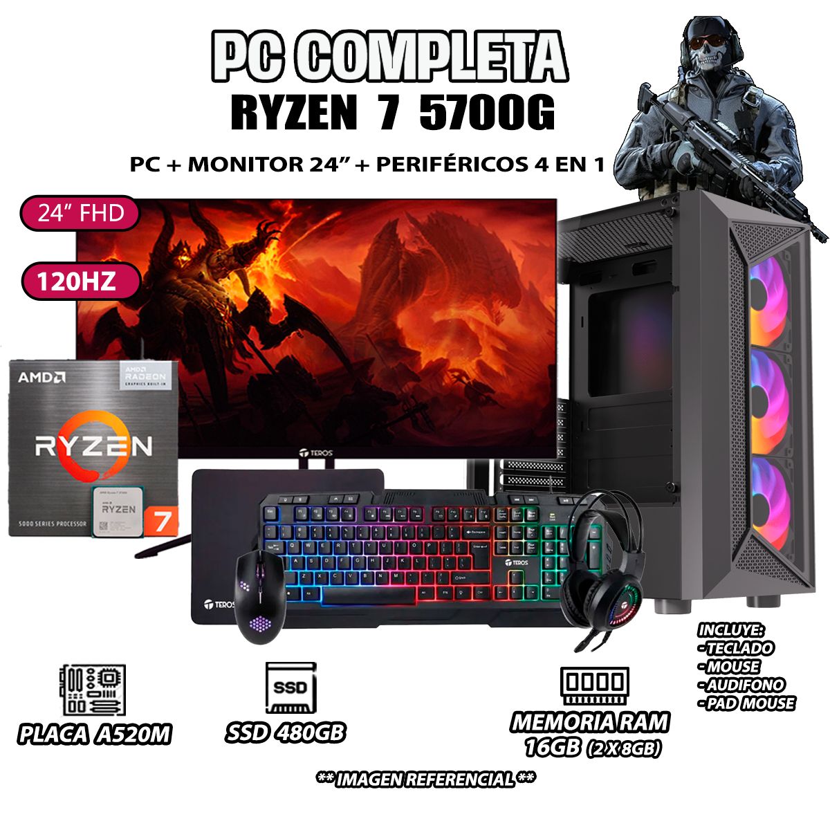 AMD - Computadora Completa Ryzen 7 5700G RAM 16GB DISCO SSD 500GB MONITOR 24" FHD