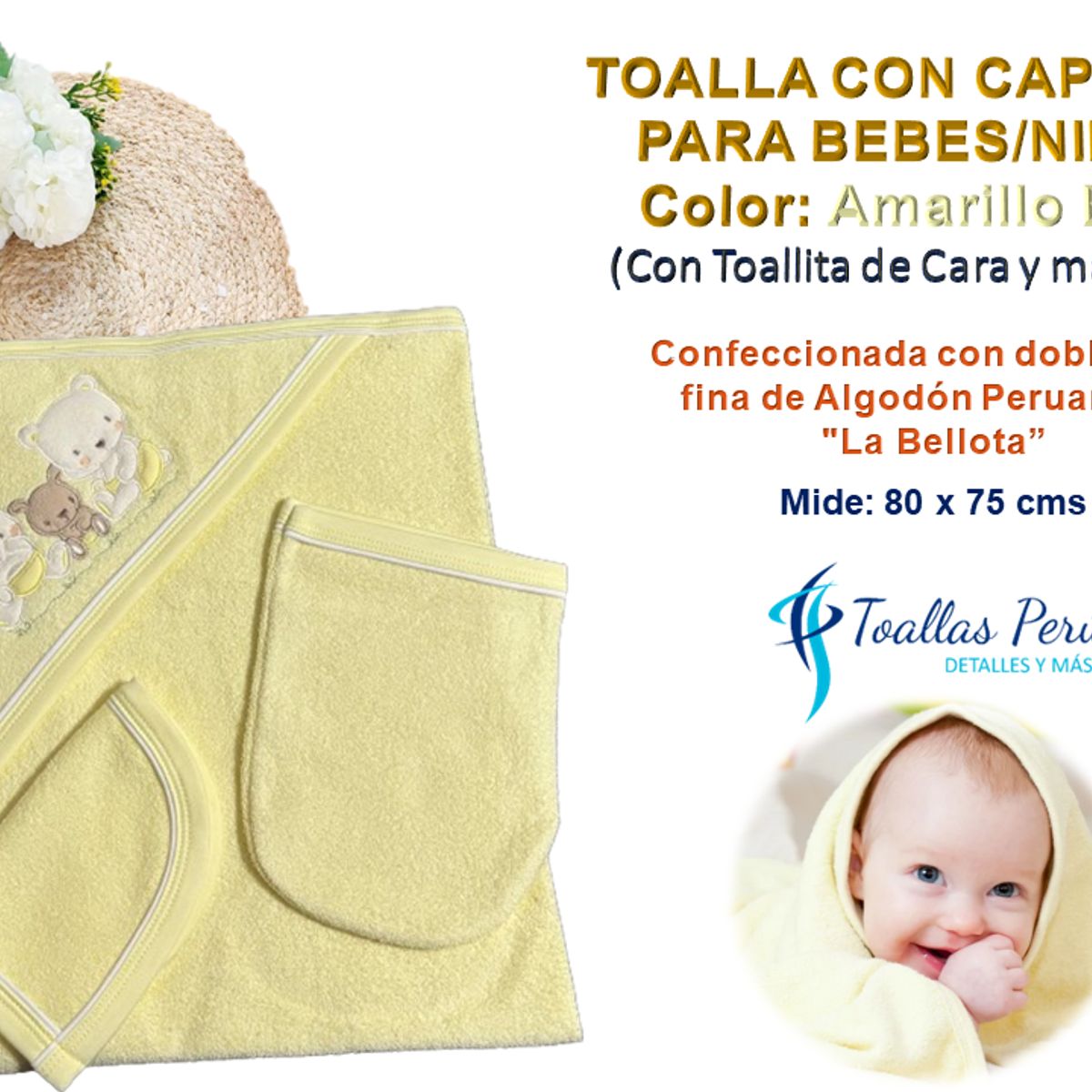 TOALLAS PERU DETALLES Y MAS - Toalla con Capucha Bebé-Niño Amarillo - Alg La Bellota