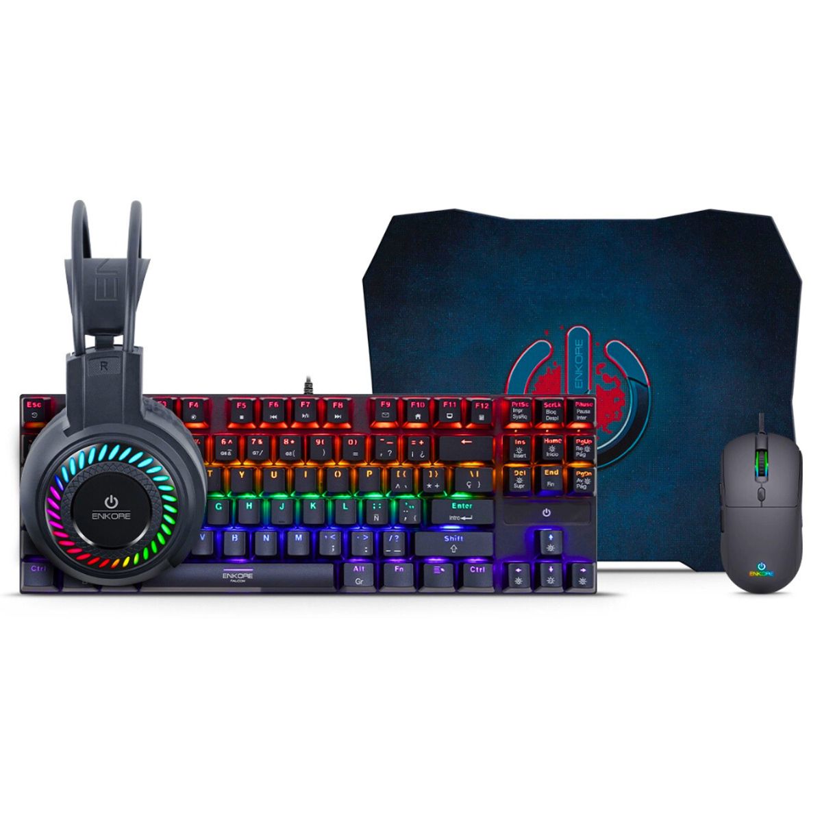 ENKORE - Kit Gamer 4 En 1 Falcon: Teclado Mecánico +Mouse7200DPI+Audifono+pad